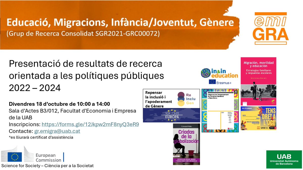 Emigra_UAB's tweet photo. El 18 d'octubre vam realitzar una Jornada del nostre grup d'investigació #EMIGRA @AntropologiaUAB @UABBarcelona per presentar els resultats de recerca orientada a les polítiques públiques 2022-24. Els membres del grups vam explicar 7 projectes d’EMIGRA i els seus resultats. https://t.co/LiH2M72mLN