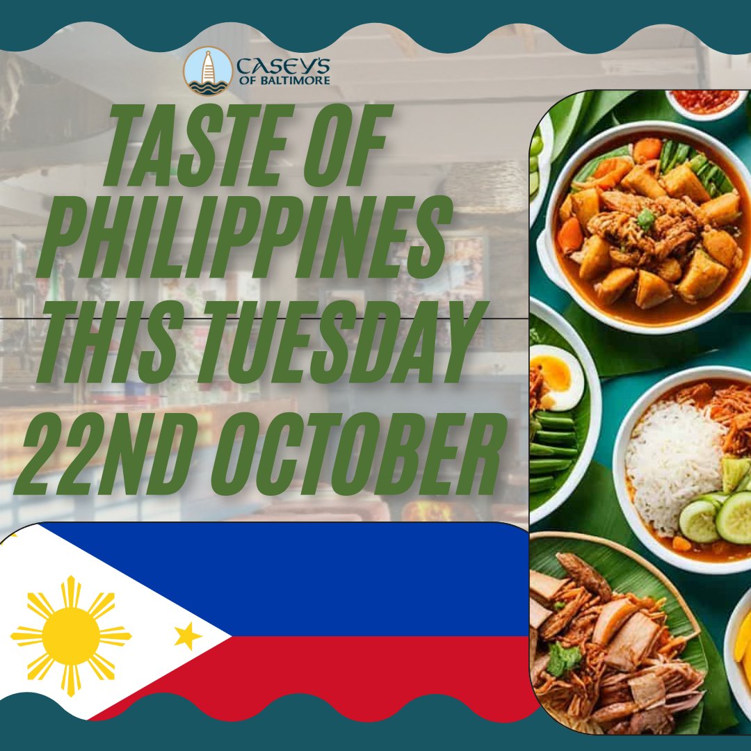 Experience a taste of the Philippines right here at Casey's of Baltimore! 
Join us for a special Philippines Night! From delicious traditional dishes to vibrant island vibes, it's a night you won't want to miss.
📷Date: Tues, 22nd Oct
📷Time: 5:30pm-9:00pm
See you there !