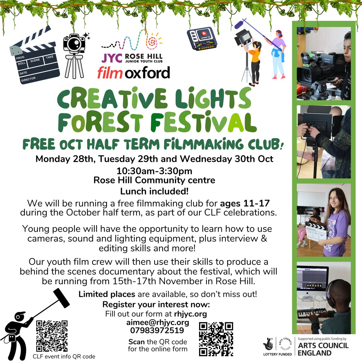 Would you like to learn filmmaking skills for free during the October half term?
We are running this club with <a href="/FILMOXFORD/">Film Oxford</a> for ages 11-17! The sessions will run at #RoseHill Com centre on Mon 28th, Tues 29th and Weds 30th October, from 10:30am-3:30pm. Sign up link below...