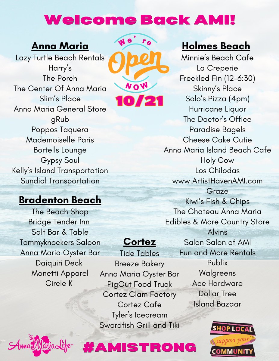 AnnaMariaLifeVR's tweet photo. Let's help these Anna Maria Island Businesses get back on their feet! Where will you shop & eat this week? Too far away to come in person? Order something online or call to order a gift certificate for your next visit! #amistrong #AnnaMariaIsland #SupportLocal #ShopLocal https://t.co/HeMRXZQT8O