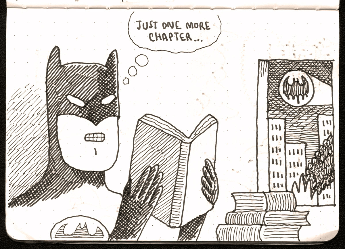 My initial notebook doodle for the Batman cartoon quoted below: 