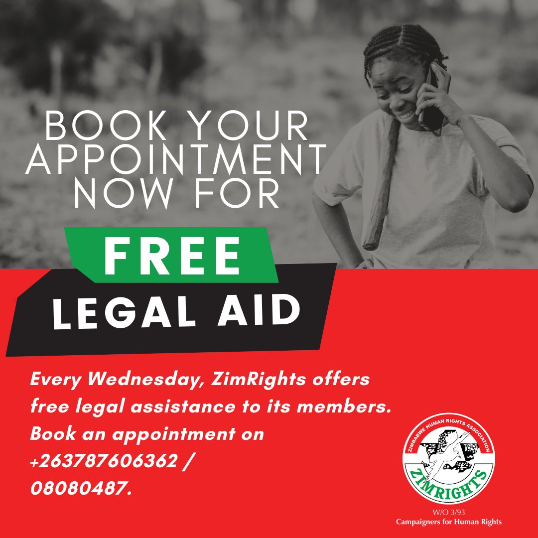 Share this Message or Call now to Book Your Appointment Now!
Every Wednesday, <a href="/ZimRightsLIVE/">#ZimRightsLIVE</a> offers free legal assistance to its members. Book an appointment on
+263787606362 / 08080487.