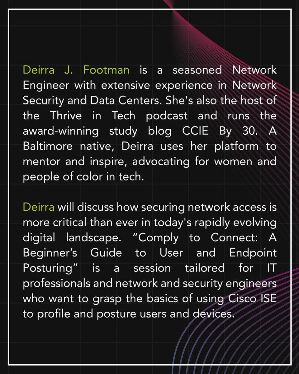 deirradecoded's tweet photo. Closing out 2024 with a bang! 🥳 Thrilled to share that I’ll be speaking at @govtechcon in December. In my session, I’ll be breaking down the basics of using Cisco ISE to profile and protect users and devices.

Use my code DEIRRA15 to get a discount on your tickets! https://t.co/GAW3mkXb48