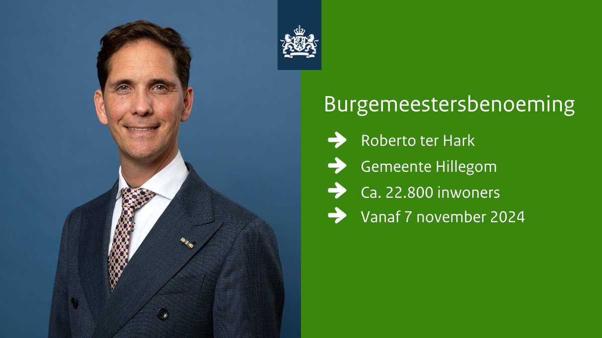 Roberto ter Hark wordt de nieuwe burgemeester van de gemeente Hillegom. De benoeming gaat op 7 november in.

Lees hier meer ⬇️
nieuwsbzk.nl/2910735.aspx?t…