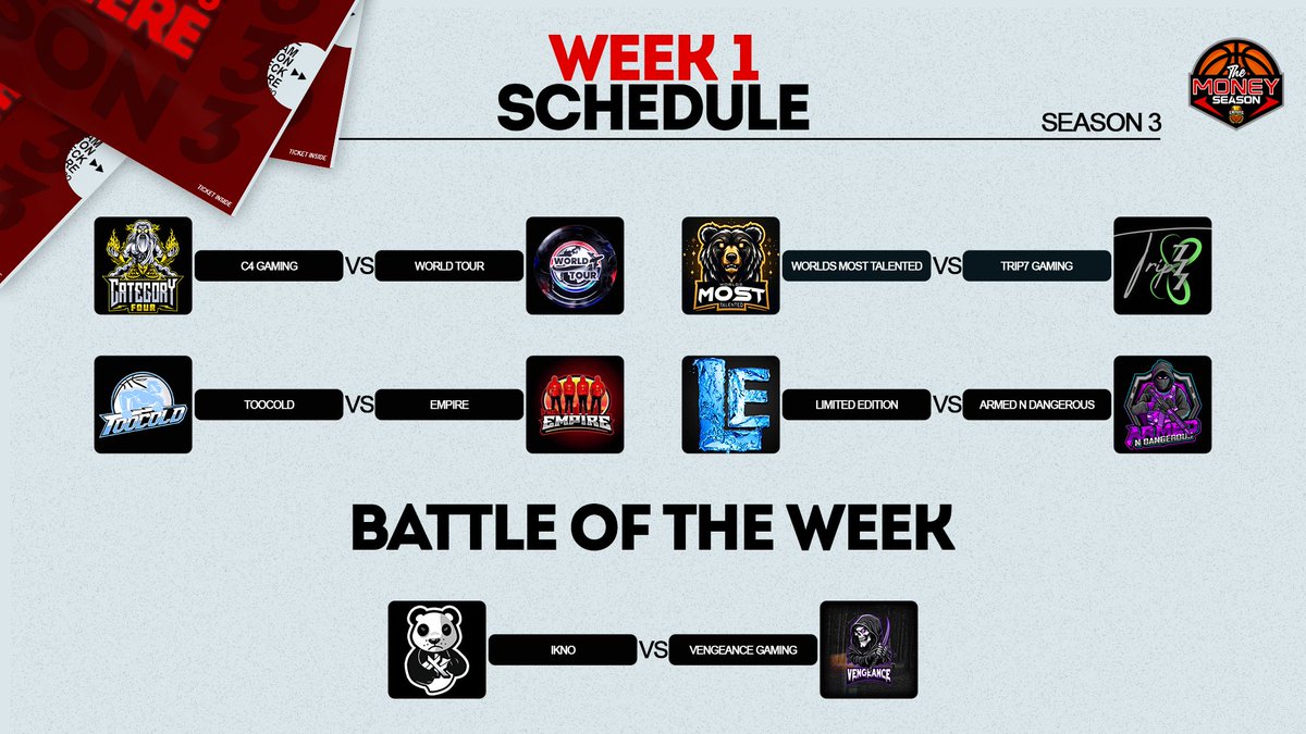 Gaming Club League (GCL) (@thegcl__) on Twitter photo 🏀TMS Week 1 Schedule🏀
<a href="/C4onTop/">Category Four 🌪️⚡️</a> 🆚 <a href="/WorldTourEmpire/">WorldTour</a>
<a href="/TooColdOrg/">TooCold Org ❄️</a> 🆚 <a href="/llEmpireOrg/">TheEmpire</a>
<a href="/WMT2K/">Worlds Most Talented⚜️</a> 🆚 <a href="/Trip7Gaming/">Trip7 Gaming 🍀</a>
<a href="/LE_Clan_Page/">Limited Edition NBA2K Clan Page</a> 🆚 <a href="/ArmdNDangerous/">AnD</a>
BATTLE OF THE WEEK
<a href="/IKnoClan2k/">I Kno Clan</a> 🆚 <a href="/2kVengeance/">Vengeance Gaming</a>
Who do you got winning? 👀 🏀TMS Week 1 Schedule🏀
<a href="/C4onTop/">Category Four 🌪️⚡️</a> 🆚 <a href="/WorldTourEmpire/">WorldTour</a>
<a href="/TooColdOrg/">TooCold Org ❄️</a> 🆚 <a href="/llEmpireOrg/">TheEmpire</a>
<a href="/WMT2K/">Worlds Most Talented⚜️</a> 🆚 <a href="/Trip7Gaming/">Trip7 Gaming 🍀</a>
<a href="/LE_Clan_Page/">Limited Edition NBA2K Clan Page</a> 🆚 <a href="/ArmdNDangerous/">AnD</a>
BATTLE OF THE WEEK
<a href="/IKnoClan2k/">I Kno Clan</a> 🆚 <a href="/2kVengeance/">Vengeance Gaming</a>
Who do you got winning? 👀