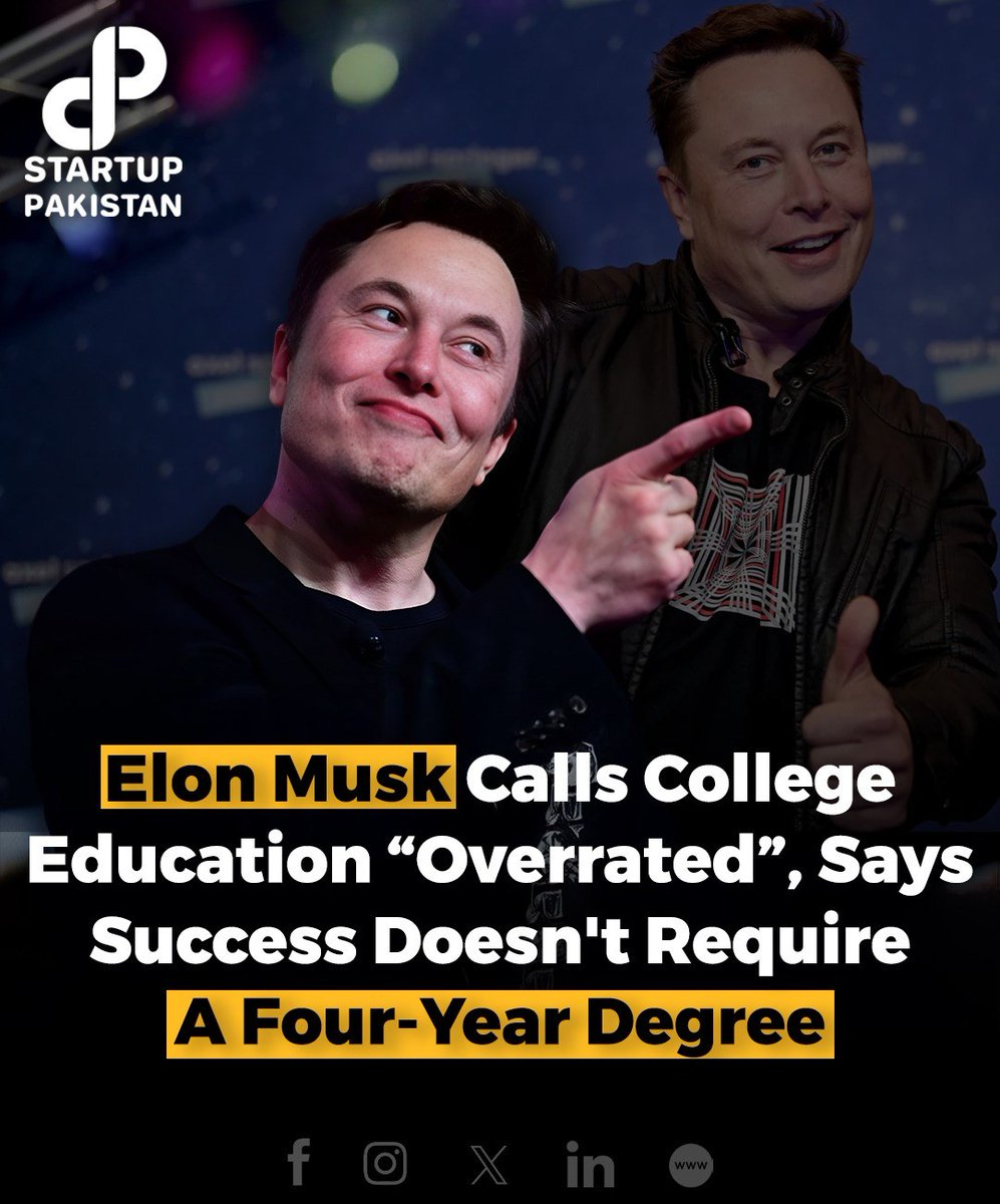 PakStartup's tweet photo. Elon Musk has called college education "overrated," highlighting that many people take on substantial debt without gaining practical skills. 

#ElonMusk #CollegeEducation #Overrated #Success #DebtFree #HigherEducation #SkillsOverDegrees #AlternativeLearning https://t.co/xewytualvX