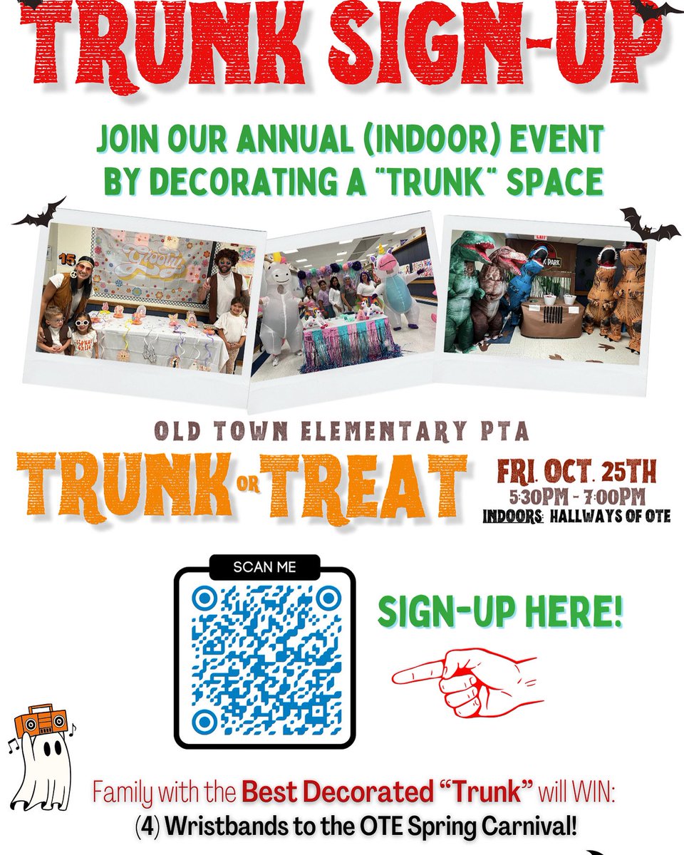 It’s time to sign up for a “trunk” space at our annual (indoor) PTA Trunk or Treat event this Friday, October 25th from 5:30 - 7:30 pm. Sign up!  The family with the BEST DECORATED “TRUNK” will win 4 wristbands to the OTE Spring Carnival!