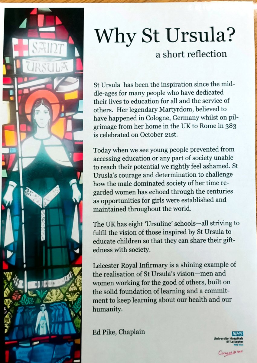 uhllib's tweet photo. Today is the feast day of St Ursula!  While we don't encourage feasting in the library, feel free to come to Odames Library @Leic_hospital Royal Infirmary &amp; feast your eyes on our beautiful stained glass window of St Ursula which used to be in St Luke's chapel.
#TeamUHL @AandHUHL https://t.co/U9a4vtukI2