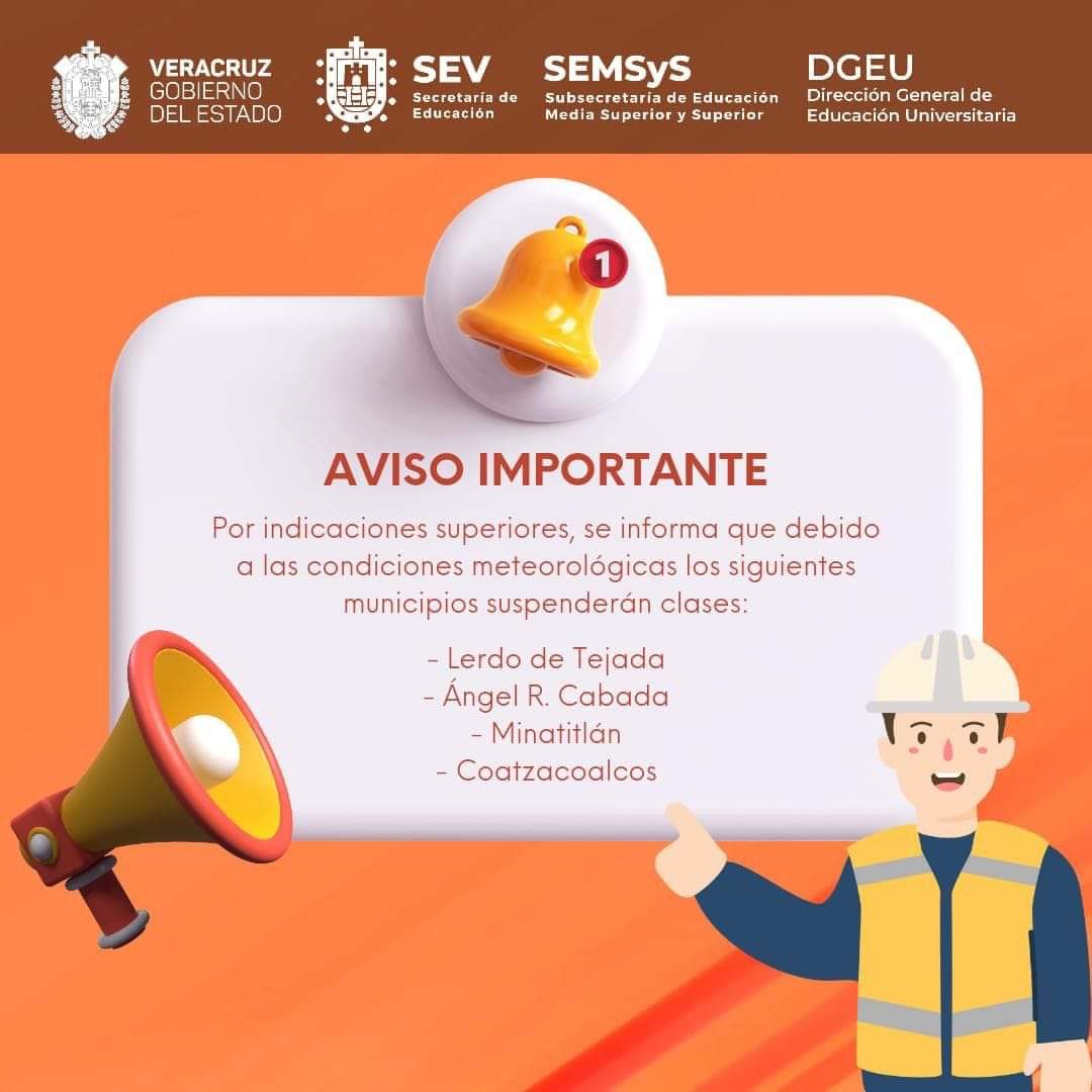 CoatzacoalcosV's tweet photo. ⚠️ TARDARON PERO YA ES OFICIAL! SUSPENDIDAS LAS CLASES PARA TODOS LOS NIVELES EDUCATIVOS en #Coatzacoalcos #Minatitlan #Lerdo y #AngelRCabada así lo informó la Secretaria de Educación de #Veracruz #SEV https://t.co/GVHKDdbrTa