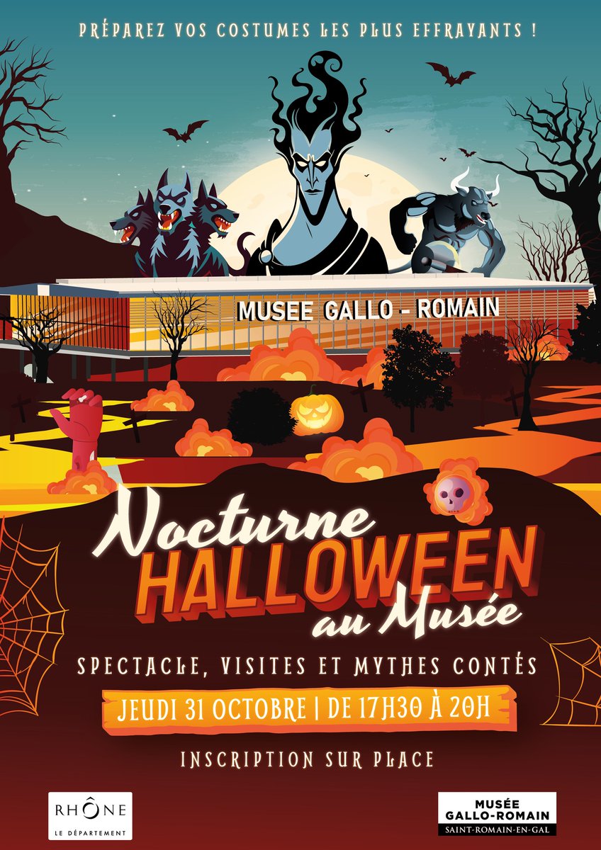 museesgallo's tweet image. 🎃Le 31 octobre, le musée vous propose une nocturne spéciale #Halloween ! Exploration du royaume des morts, mythes à la lampe de poche ou encore récits effrayants...👻Venez costumés !🧟‍♀️
🎟️ inclus avec le billet d'entrée.
📞 Réservation au 04 74 53 74 01.
➡️musee-site.rhone.fr/nocturne-hallo…