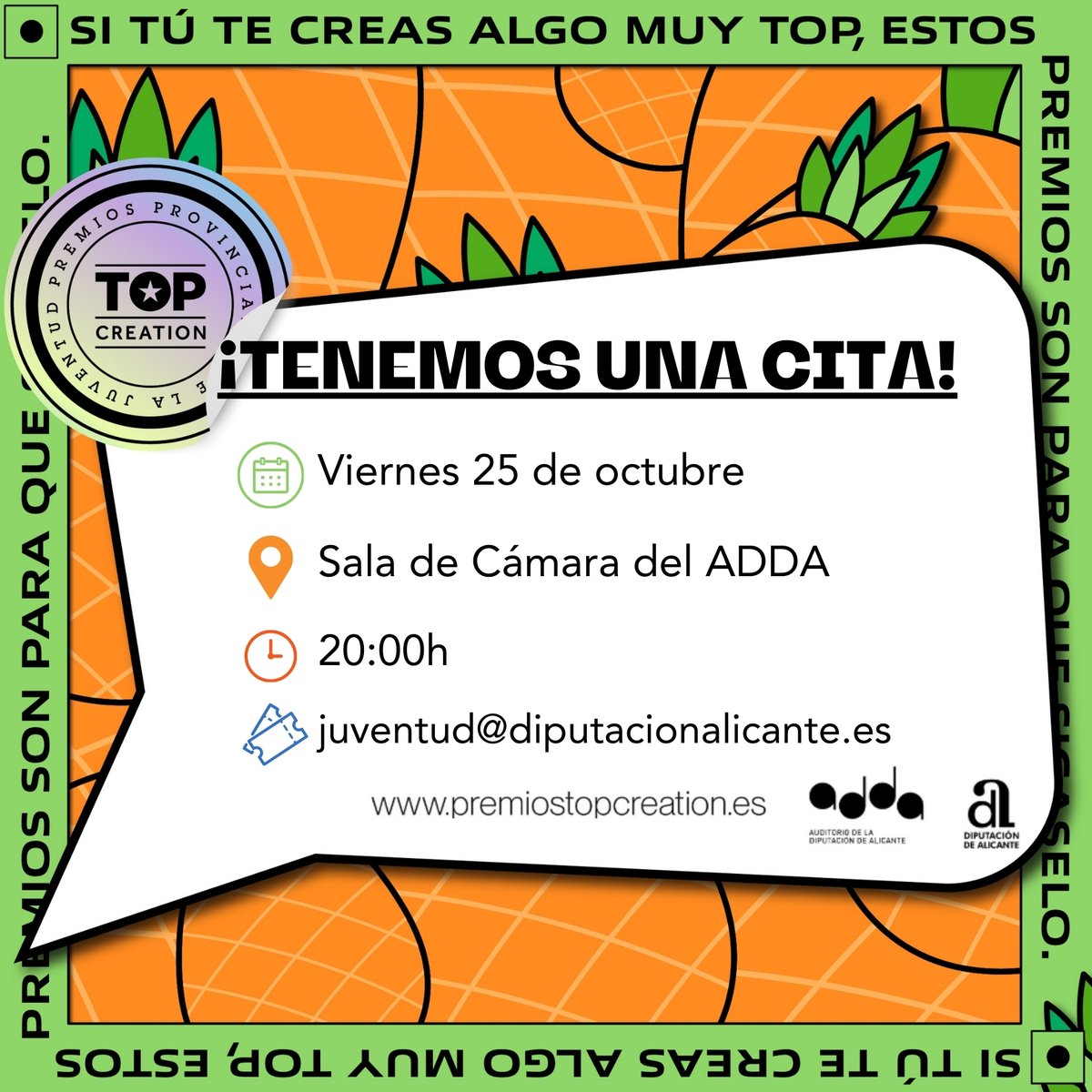 dipuALCjuventud's tweet photo. El 25 de octubre, el ADDA acogerá el evento dónde la juventud y su talento son los protagonistas.
Los horarios son:
👉 19:30 Apertura de puertas.
👉 20:00 Inicio de la gala.
¿Quieres asistir? Pide tu invitación en juventud@diputacionalicante.es
#TopCreation #premiosjuventud https://t.co/2diW9PMhim