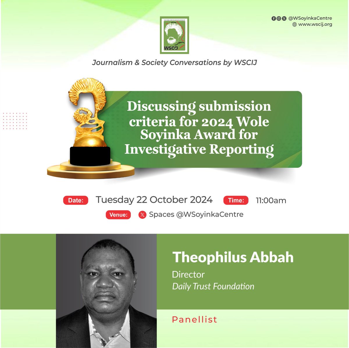 WSoyinkaCentre's tweet photo. 2/
This week's #WSCIJConversations will feature @theophilusa, Programme Director, @Daily_TrustF; @julianafrancis, Deputy Editor, @DEagleOnline; @sharonijreport1, Senior Reporter, @tvcnewsng and @kunleajayiphoto, Photo Editor, @IndependentNGR.
Click https://t.co/tu6WYl6yVD to join https://t.co/YwXfhETlpS