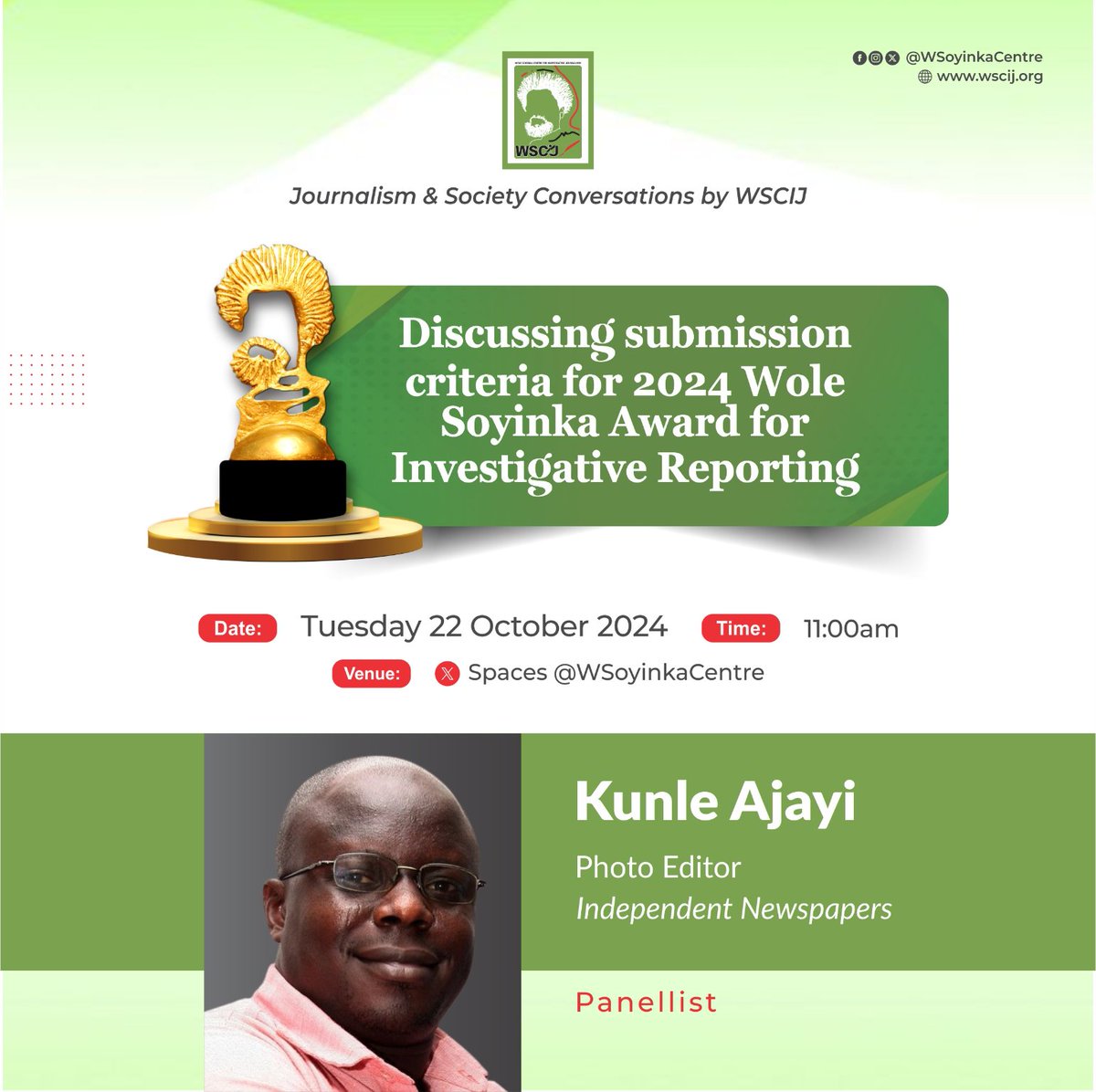 WSoyinkaCentre's tweet photo. 2/
This week's #WSCIJConversations will feature @theophilusa, Programme Director, @Daily_TrustF; @julianafrancis, Deputy Editor, @DEagleOnline; @sharonijreport1, Senior Reporter, @tvcnewsng and @kunleajayiphoto, Photo Editor, @IndependentNGR.
Click https://t.co/tu6WYl6yVD to join https://t.co/YwXfhETlpS