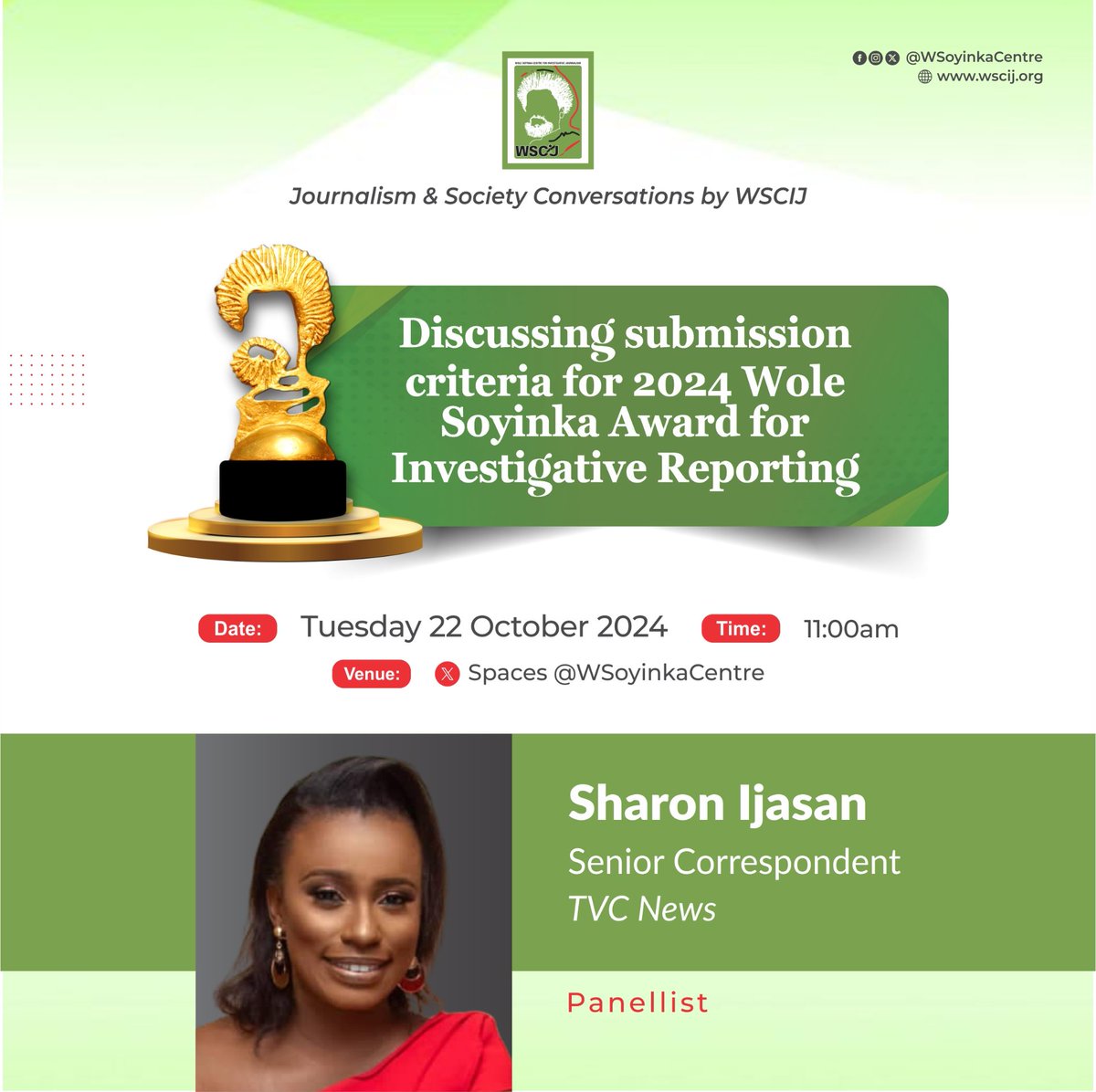 2/
This week's #WSCIJConversations will feature <a href="/theophilusa/">Theophilus Abbah, PhD</a>, Programme Director, <a href="/Daily_TrustF/">Daily Trust Foundation</a>; <a href="/julianafrancis/">Juliana Francis</a>, Deputy Editor, <a href="/DEagleOnline/">The Eagle Online</a>; <a href="/sharonijreport1/">sharonijreports</a>, Senior Reporter, <a href="/tvcnewsng/">TVC News</a> and <a href="/kunleajayiphoto/">Kunle Ajayi</a>, Photo Editor, <a href="/IndependentNGR/">Independent Nigeria</a>.
Click bit.ly/3Yt363V to join