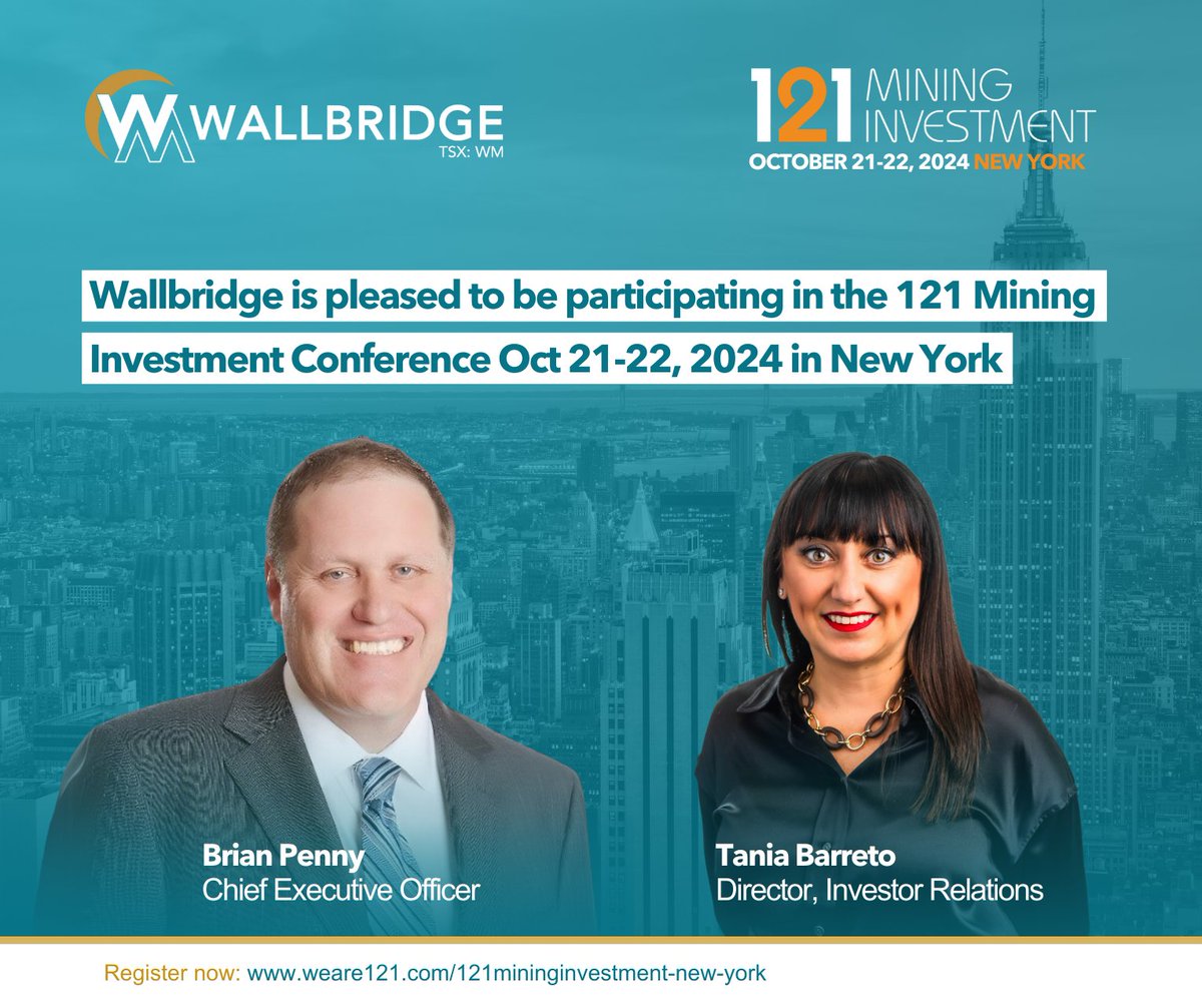 Wallbridge is pleased to be participating in the 121 Mining Investment Conference Oct 21-22, 2024 in New York.

Register now: weare121.com/121mininginves…
