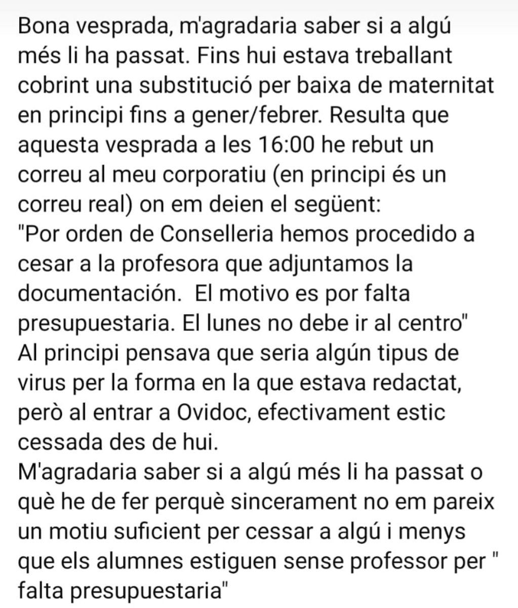 miguelsolerg's tweet photo. El divendres van rebre este missatge tot el professorat que cobria baixes per maternitat/paternitat. Alguns pensaven que era un VIRUS i van encertar. És un virus anomenat @carlos_mazon_ i es cura votant bé en 2027 #GovernDelaVergonya https://t.co/JZK8X8DLqL
