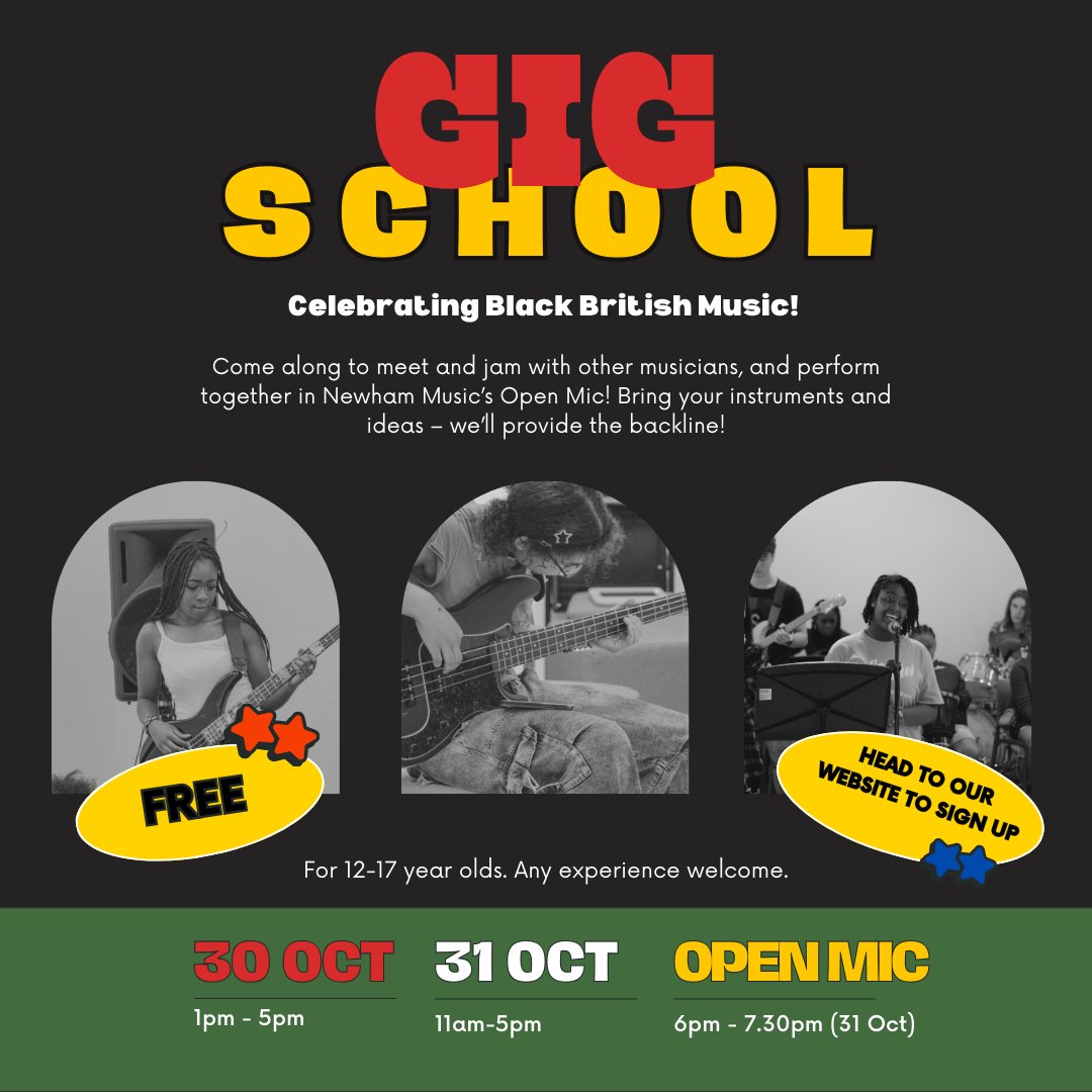 🎶 Young musicians (12-17), join us at Westfield Stratford City for Gig School! 🎤
Celebrate Black History Month with jams inspired by Cat Burns, Jorja Smith &amp; more.
Open Mic on Oct 31st—sign up fast!
#GigSchool #WestfieldStratford #BlackHistoryMonth #OpenMic #YoungMusicians