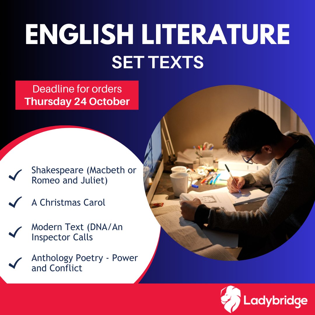 LadybridgeHigh's tweet image. 🚨 REMINDER:  The deadline to purchase Year 10 English Literature Set Texts at a school discounted price is this Thursday 24 October #revisionsupport #studyguides