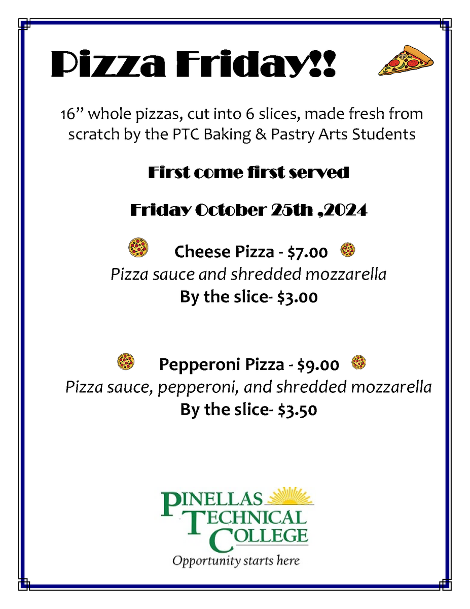 PinellasTech's tweet photo. Clearwater is back on their food game this week!
Lunch service Wed & Thu, 9:30-10:15am
Pizza Friday, 9:30-10:15am
We eat GOOD in our neighborhood ... Bon Appetit!
#PTCProud #PTCculinary #PTCbaking #OpportunityStartsHere #WeGrowFoodies https://t.co/puhWzQVIav