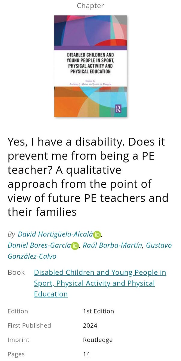 It is a real pleasure to have contributed a chapter to this book, which deals with such an important topic as disability in physical education, physical activity and sport.
Many thanks to <a href="/ajmaher5/">Anthony J. Maher</a> <a href="/Justin_Haegele/">Justin A. Haegele</a> <a href="/routledgebooks/">Routledge Books</a>