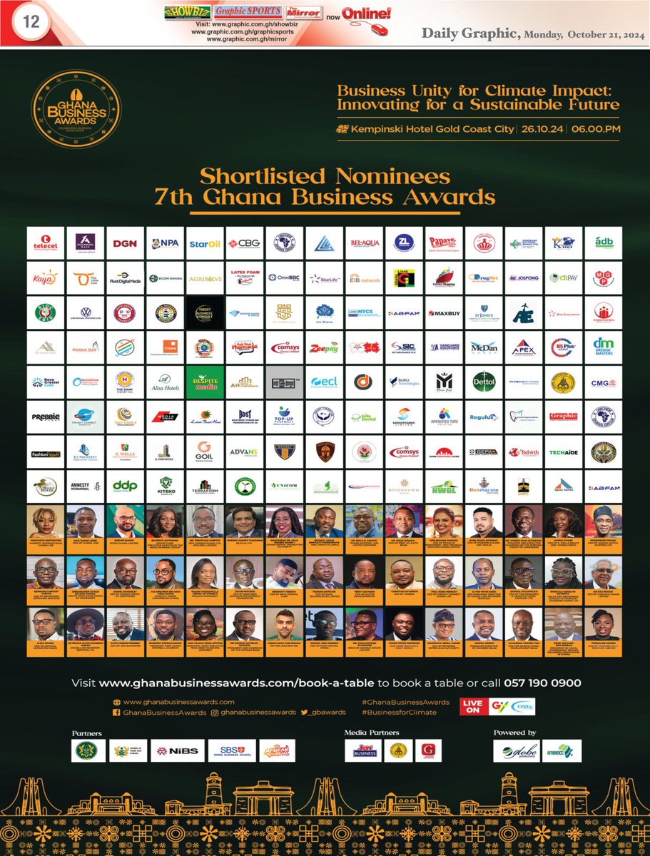 The shortlisted nominees for the 7th Ghana Business Awards has been published in todays Daily Graphic Page 12. The awards night and gala is slated for 26th October 2024 at the Kempinski Gold Coast Hotel. Book your tables NOW via ghanabusinessawards.com/table-booking or call 0571900900