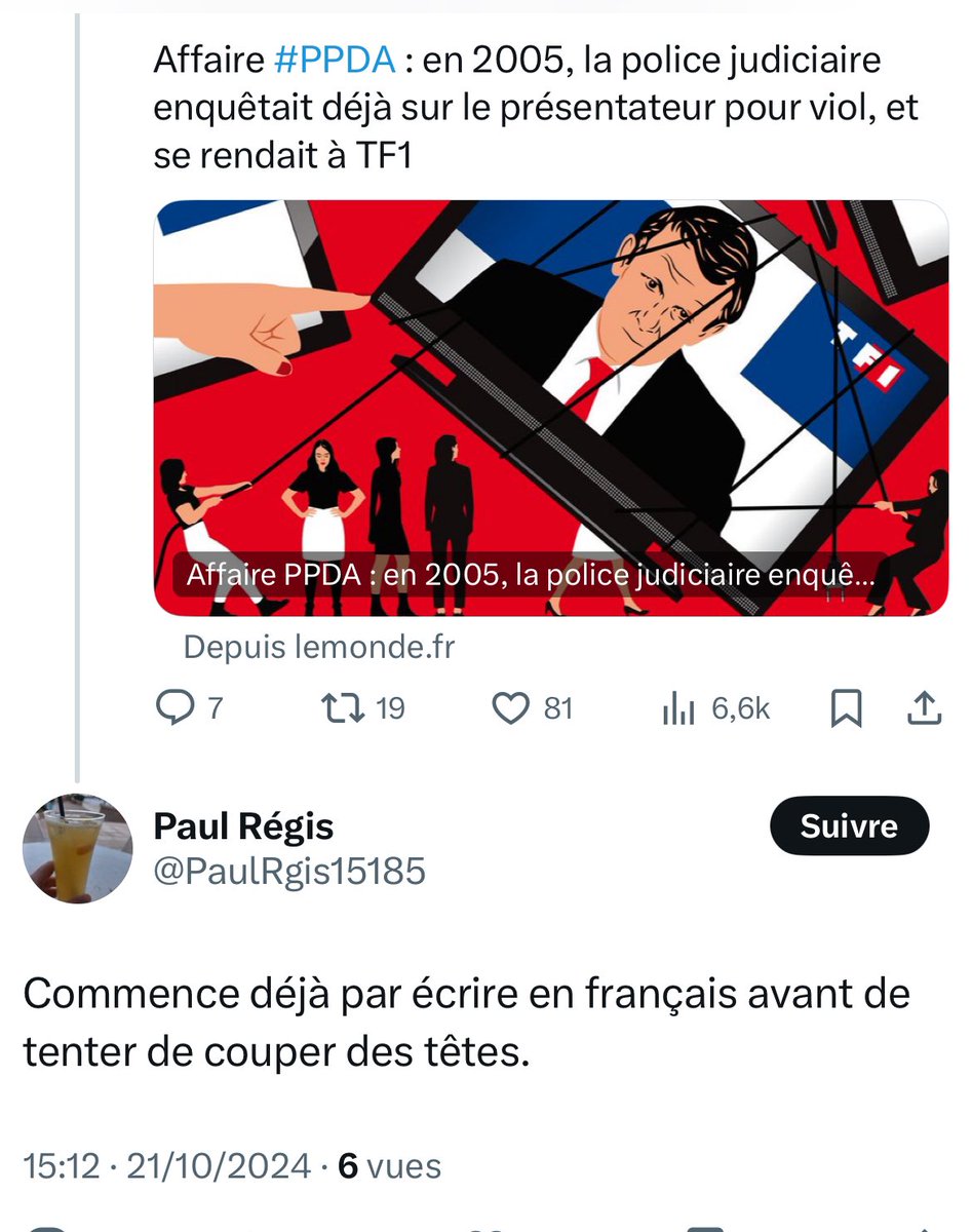 Quelqu’un pour rappeler à ce méprisable @PaulRgis15185 qui me compare à « Robespierre » combien de femmes ont été victimes du porc #PPDA ?

<a href="/DevynckH/">Devynck Hélène</a> 
<a href="/EmmaDancourt/">Emmanuelle DANCOURT</a> 
Vous en savez plus que moi…