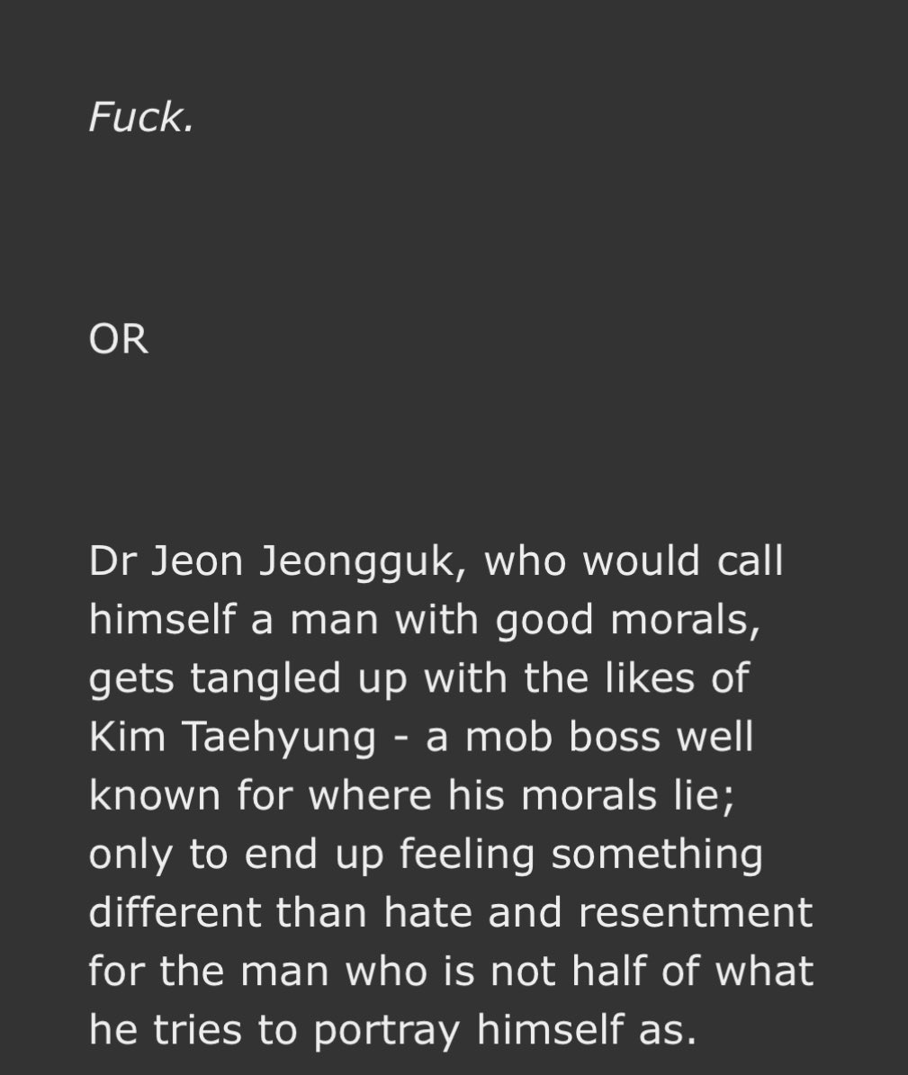 kooksreadingacc's tweet photo. fic rec of the day -

You’re too sweet (for me) by @taeggukis7 for @mobbosstaefest 
link: https://t.co/XaIrRLuAOe
words: 61k

- mob boss tae, doctor kook
- morally ambiguous tae
- theyre just soo sweet!! they needed eo in their lives 💗
- past child abuse ☹️
- comforting eo 🥹
+ https://t.co/G8oArbz6I6