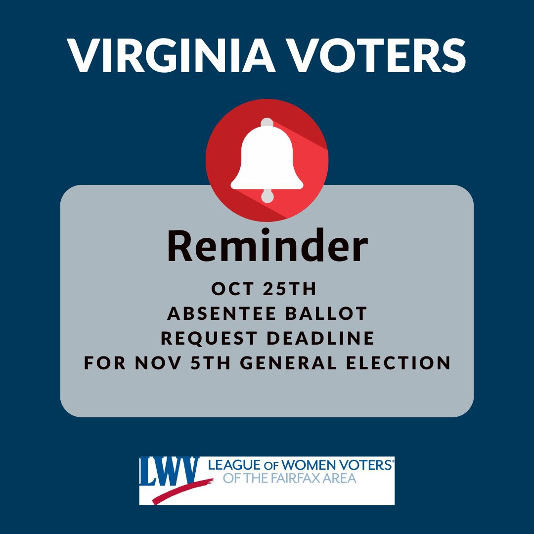 Make this #1 on your to-do list. If you are a college student and you did not vote early at home on Fall Break, then you may want to request an absentee ballot by Friday. vote.elections.virginia.gov/VoterInformati…

#LWV #Election2024  #GOTV #AbsenteeBallot #Virginia