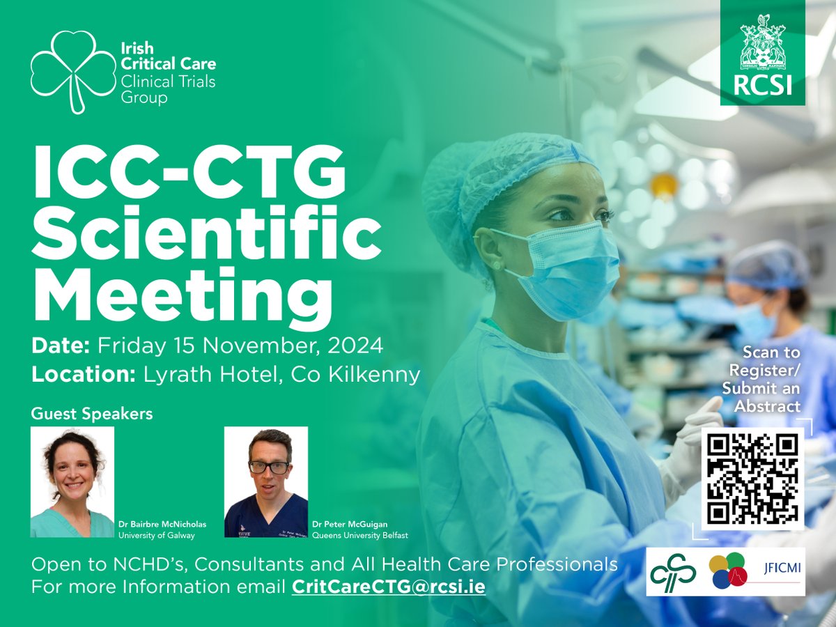 Irish Critical Care Clinical Trials Group (@ccctg_ire) on Twitter photo 📢We are delighted to announce Dr Bairbre Mc Nicholas & Dr Peter Mc Guigan as guest speakers for the ICC-CTG Scientific Meeting, Friday, November 15th <a href="/LyrathEstate/">Lyrath Estate</a>
Abstract submission and Registration now open forms.office.com/e/YTxH75Meit 📢We are delighted to announce Dr Bairbre Mc Nicholas & Dr Peter Mc Guigan as guest speakers for the ICC-CTG Scientific Meeting, Friday, November 15th <a href="/LyrathEstate/">Lyrath Estate</a>
Abstract submission and Registration now open forms.office.com/e/YTxH75Meit