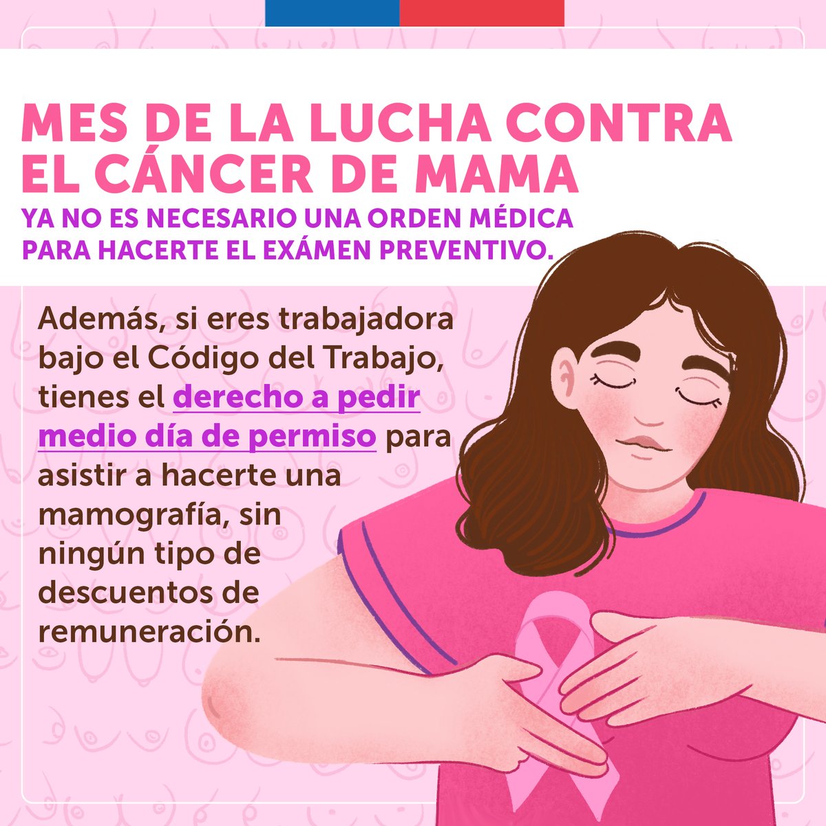 En el mes de la concientización del cáncer de mamas, ponemos en el centro la prevención, por eso te recordamos que tienes medio día de permiso para realizarte una mamografía ☝🏽 Este examen preventivo puede salvar tu vida 🫂