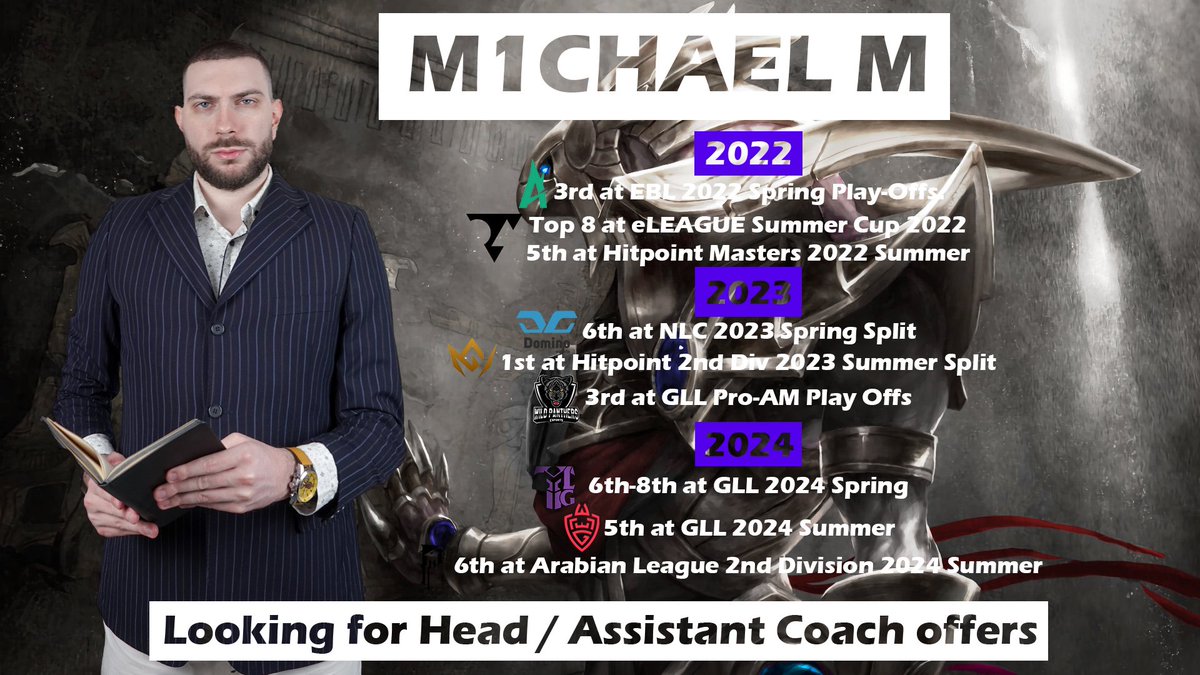 While the season may not have met my expectations, it has only strengthened my resolve

After a competitive year in GLL with Team Legion and WLGaming, I'm seeking Head Coach opportunities for 2025 but am open to other roles in Major ERLs

DMs are open

LFT League of Legends coach