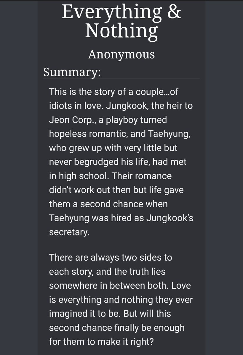 milfitae's tweet photo. Everything and nothing  

✓ 51.7k | complete| explicit 🔞
✿ alpha ceo jk x omega secretary th
✿ arranged marriage 
✿ friends to lovers 
✿ unrequited love, hopeless romentic th, hurt/comfort 
✿ misunderstanding 

🖇️https://t.co/calaL3o4GJ https://t.co/1zaOB5yRNX