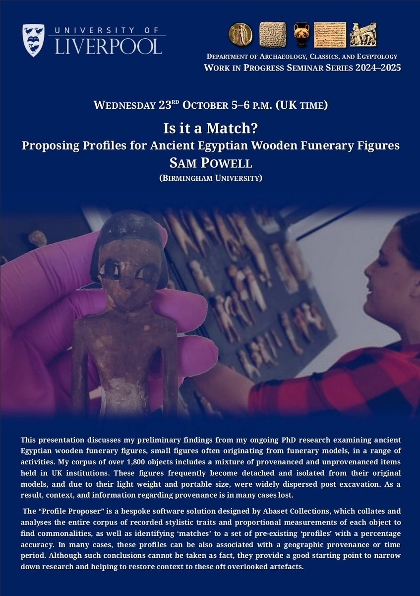 ace_wip's tweet photo. On Wednesday 23rd October at 17:00, Sam Powell will look at digital methods of profiling ancient Egyptian funerary figures. Come along in person or tune in on Zoom! (https://t.co/T5bMSHtsKY). Visit https://t.co/8xRQOjE9wX for more information. https://t.co/KwFySJnqqF