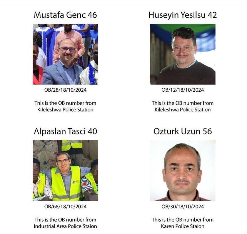 KENYA HÜKÜMETİNDEN RESMİ AÇIKLAMA

Kenya'nın başkenti Nairobi'den 18 Ekim'de kaçırılan 4 Türk vatandaşı;

1- Bilgisayar öğretmeni Mustafa Genç
2- Mimar Hüseyin Yeşilsu
3- Türkçe öğretmeni Alparslan Taşçı
4- Meslek Öğretmeni Öztürk Uzun

aynı gün Türkiye'ye gönderildi.