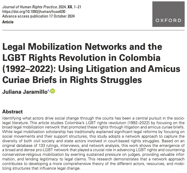 Muy feliz de compartirles la publicación de este artículo de mi tesis doctoral en la revista Journal of Human Rights Practice (<a href="/OxfordJournals/">Oxford Journals</a>). <a href="/CiderUniandes/">Cider Uniandes</a> 
Aquí un poco del argumento ⬇️🧵