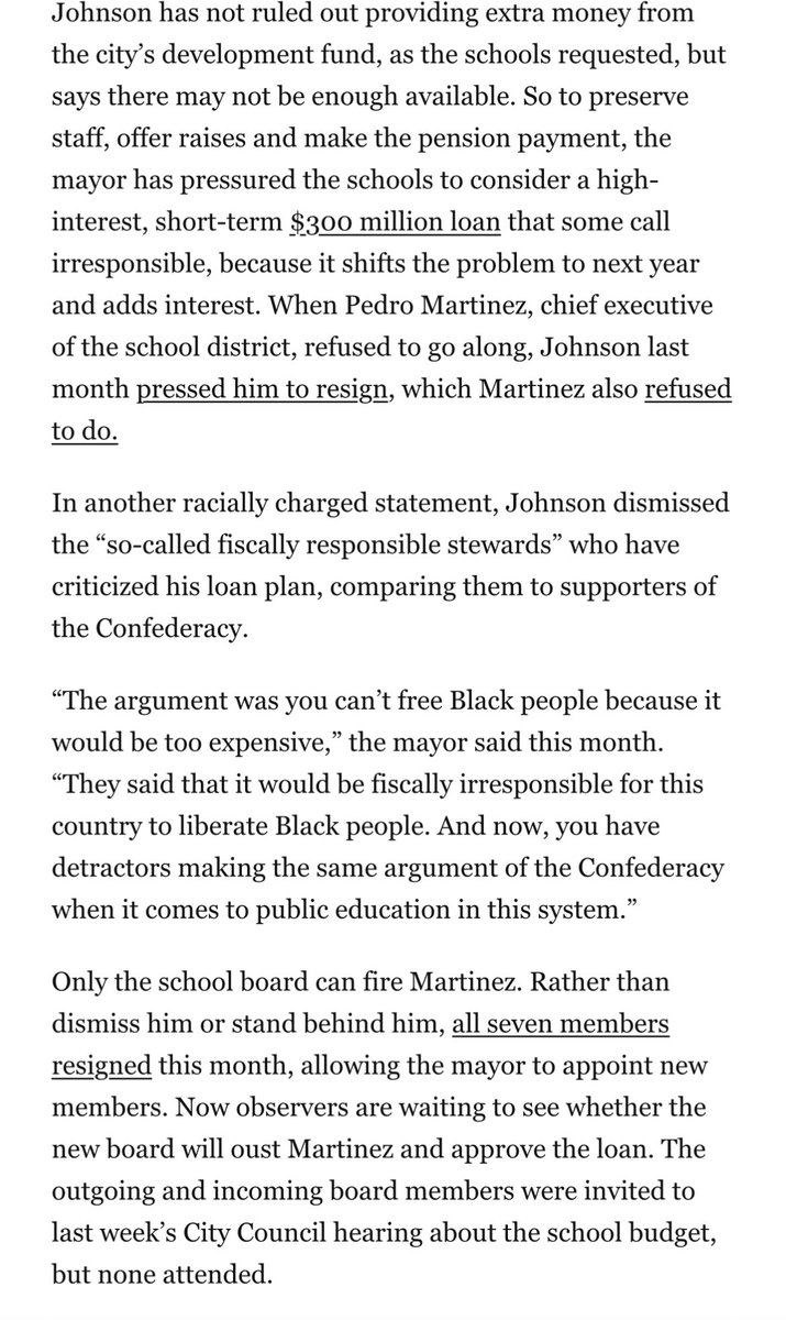 Austin__Berg's tweet photo. NEW: The @washingtonpost reports on the crisis in Chicago and its public schools under Mayor Brandon Johnson. Highlights ⬇️ 

🔻“This is what it looks like when you burn a district down,’ said Marguerite Roza, director of the Edunomics Lab at Georgetown University. “It is a level of dysfunction that feels beyond destabilizing, enough to make people lose confidence in the system.’”

🔻Soon after the federal government approved a historic $190 billion in covid relief funds for schools, experts warned school districts across the country that it would be risky to use the one-time funding for ongoing expenses…Chicago used its whopping $2.8 billion allocation, which it was required to spend by September 2024, to add nearly 8,000 positions to its workforce, budget documents show.

🔻The district has resisted even modest staff reductions, but also had no clear plan for how to maintain that payroll once the covid relief money was gone. It also has promised not to close any schools, although enrollment in the district has fallen significantly over the past two decades.

🔻Chicago Mayor Brandon Johnson, a former teacher who is closely aligned with the Chicago Teachers Union, says he won’t tolerate cuts to the schools staff, which he refers to as laying off “Brown and Black women…” the mayor has pressured the schools to consider a high-interest, short-term $300 million loan that some call irresponsible, because it shifts the problem to next year and adds interest.

🔻In another racially charged statement, Johnson dismissed the “so-called fiscally responsible stewards” who have criticized his loan plan, comparing them to supporters of the Confederacy. “The argument was you can’t free Black people because it would be too expensive,” the mayor said this month. “They said that it would be fiscally irresponsible for this country to liberate Black people. And now, you have detractors making the same argument of the Confederacy when it comes to public education in this system.”

🔻[CTU President Stacy] Davis Gates said the city should spend more on schools, as should the federal government. The massive covid relief money, she said, is “the new baseline for support for public education” and should be maintained. But there is no discussion in Washington of another huge schools package, and the city of Chicago is facing its own budget crisis.
