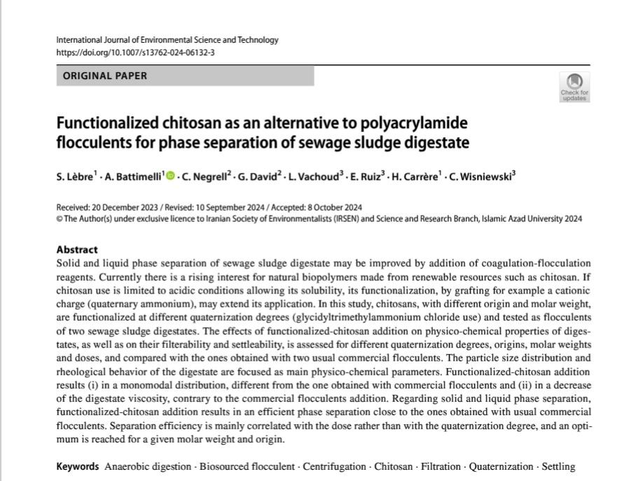 LBE INRAE (@lbe_inrae) on Twitter photo New LBE article!
"Functionalized chitosan as an alternative to polyacrylamide flocculents for phase separation of sewage sludge digestate"
In collaboration with <a href="/IcgmMontpellier/">ICGM Montpellier</a> & UMR Qualisud
rdcu.be/dXrWJ New LBE article!
"Functionalized chitosan as an alternative to polyacrylamide flocculents for phase separation of sewage sludge digestate"
In collaboration with <a href="/IcgmMontpellier/">ICGM Montpellier</a> & UMR Qualisud
rdcu.be/dXrWJ