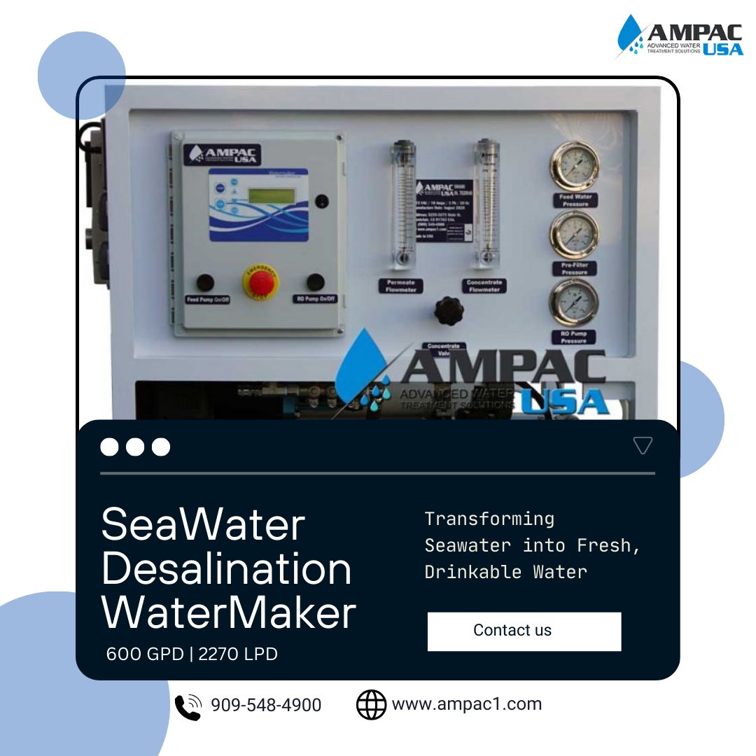 ampacusa's tweet image. Never Run Out of Water! 💧 With AMPAC USA's 600 GPD | 2270 LPD Seawater Desalination Watermaker, you’ll have access to fresh, clean water on your vessel or coastal facility. 

Visit us : bit.ly/3YxsJ3G
#SeawaterDesalination #ReverseOsmosis #Watermaker #AmpacUsa