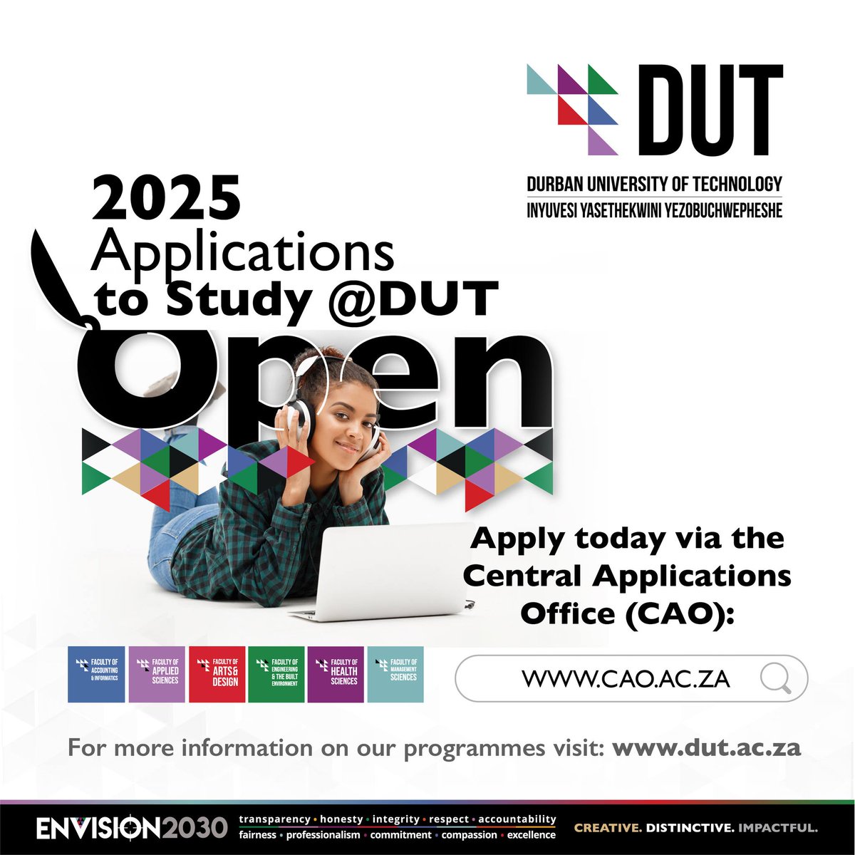 TheMercurySA's tweet photo. #Sponsored 🚀 Exciting news! CAO applications for 2025 are OPEN at @DUT_Tweets! With 6 diverse faculties and top-notch academics, your future starts here. Apply now at https://t.co/5Zs8lK8uGw…. Deadlines vary—don’t miss out! #IAMDUT #CreateTheFutureYouWantAtDUT #DUTExcellence https://t.co/39BY3LwpFQ