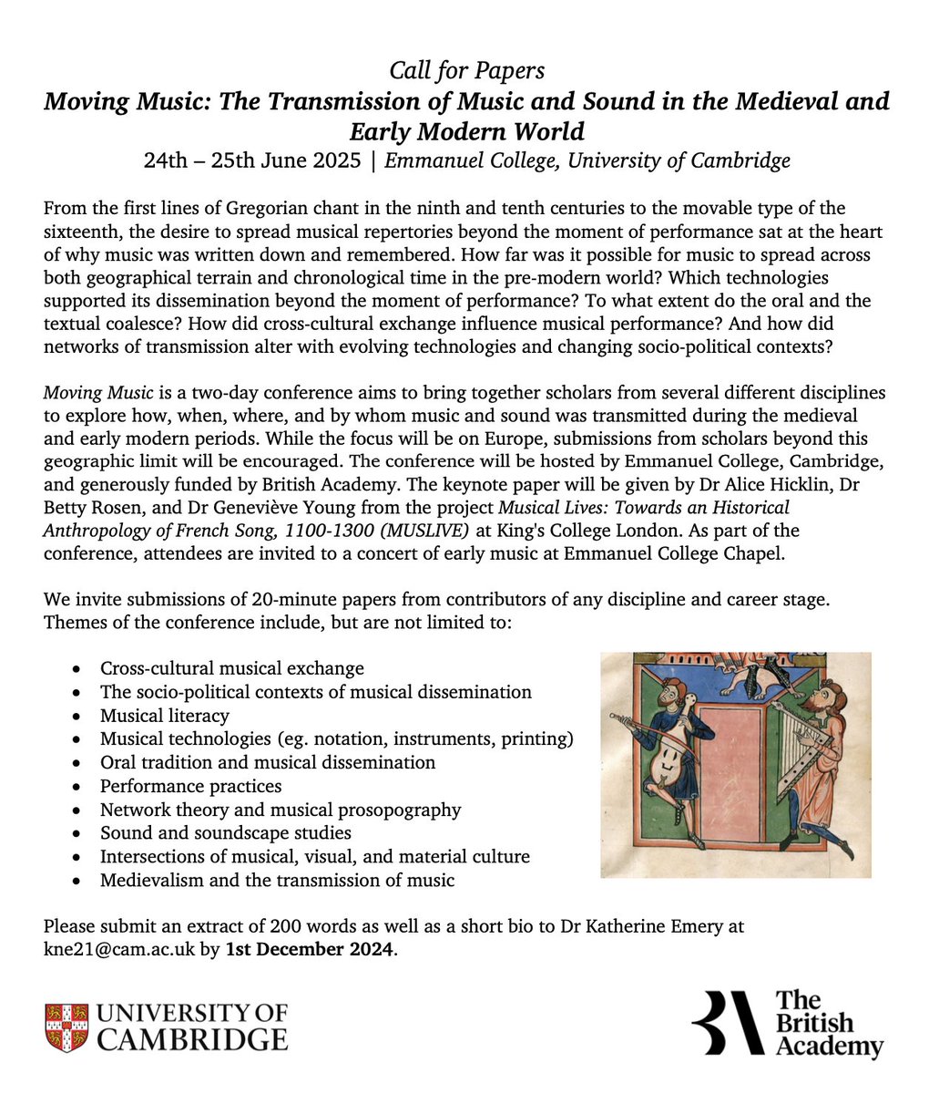 🎶Calling all scholars of early music! 🎶Join us for the "Moving Music" conference <a href="/EmmaCambridge/">Emmanuel College, Cambridge</a> on 24/25 June 2025! Call for papers is below, and deadline is on 1st December!