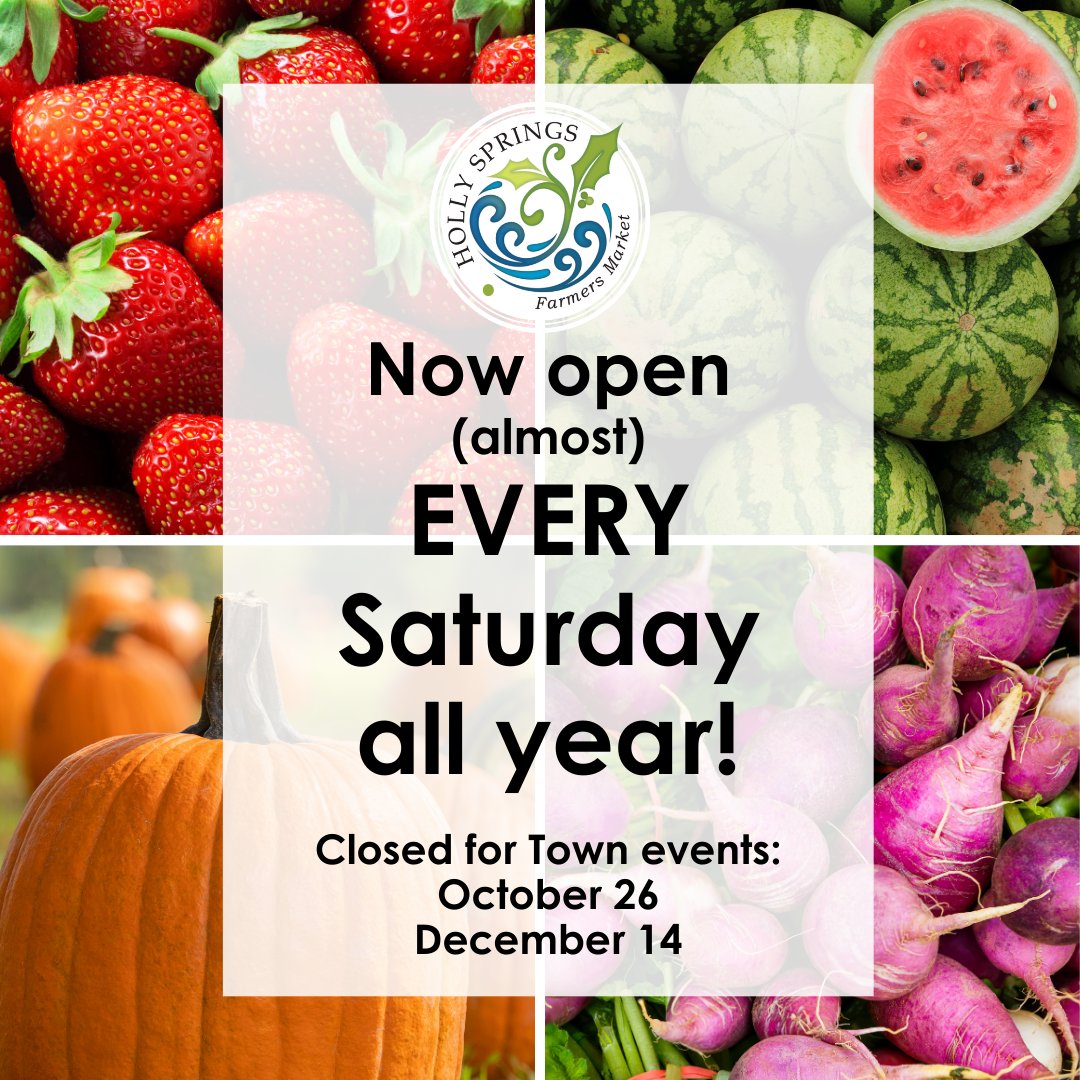 We'll be closed on October 26th for the Town's #HollyFest event. We return on November 2nd for weekly winter markets from 9-noon.

#hollyspringsnc #farmersmarket