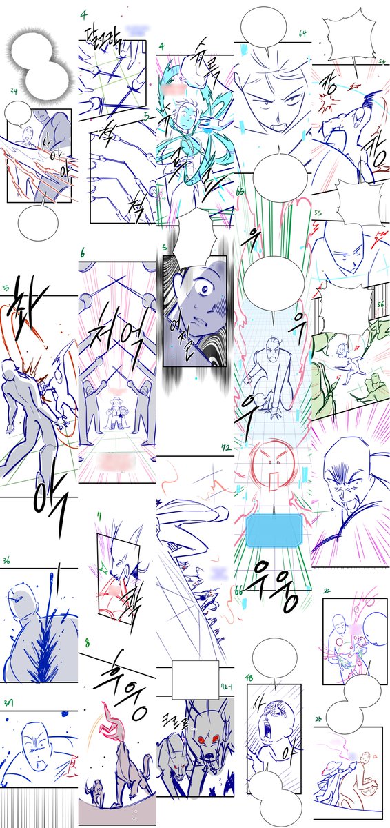 네이버 <내가 키운 S급들> 149~153화 보조 연출(그림콘티) 일부. 🧑‍🌾🧺🏐

Part of the auxiliary storyboard <My S-Class Hunters> episodes 149~153 from Naver Webtoon