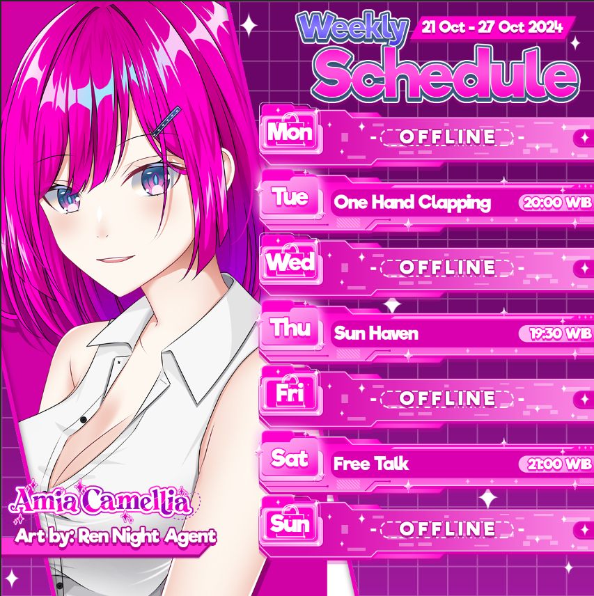 AmiaCamellia's tweet photo. Schedule minggu iniiii
🕵♀️【HASHTAG 】🕵♀️
General : #AmiaCamellia
Live : #AmiaLive
Meme : #AmiMeme
FanArt : #AmiaArt
Announcement : #AmiaNews
Fanname : Amimir
Fanmark : 🪪 https://t.co/LRwVT11t32