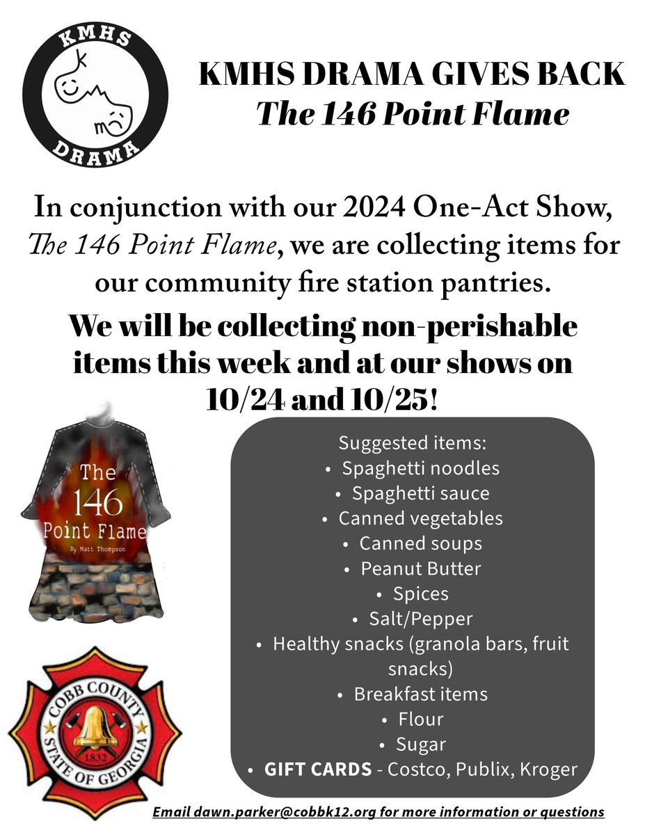 Kennesaw Mountain Drama (@kmhs_drama) on Twitter photo Help us give back to our amazing community! We will be delivering items to our two nearest fire stations! Thank you Cobb County Fire & Emergency Services for keeping us safe - we appreciate you! <a href="/CobbSchools/">Cobb County Schools</a> <a href="/cobbperforms/">Sara Womack</a> <a href="/cobbcountyfire/">Cobb County Fire & Emergency Services</a> <a href="/KMHS_Principal/">Nathan Stark</a> Help us give back to our amazing community! We will be delivering items to our two nearest fire stations! Thank you Cobb County Fire & Emergency Services for keeping us safe - we appreciate you! <a href="/CobbSchools/">Cobb County Schools</a> <a href="/cobbperforms/">Sara Womack</a> <a href="/cobbcountyfire/">Cobb County Fire & Emergency Services</a> <a href="/KMHS_Principal/">Nathan Stark</a>