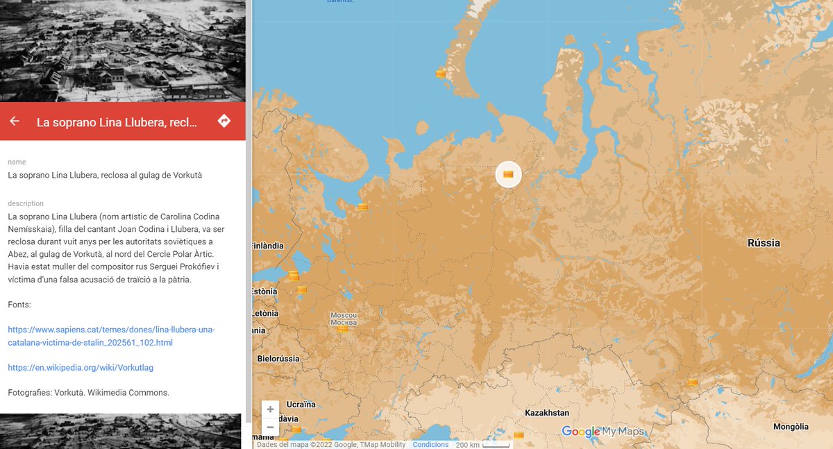 #taldiacomavui de 1897 neix a Madrid Lina Llubera. Nom artístic de la soprano Ivanovna Codia, era filla mare polonesa i del cantant barceloní, Joan Codina i Llubera. Un tribunal de la Unió Soviètica l'acusà d'espionatge i la va recloure al gulag de Vokutà. google.com/maps/d/viewer?…