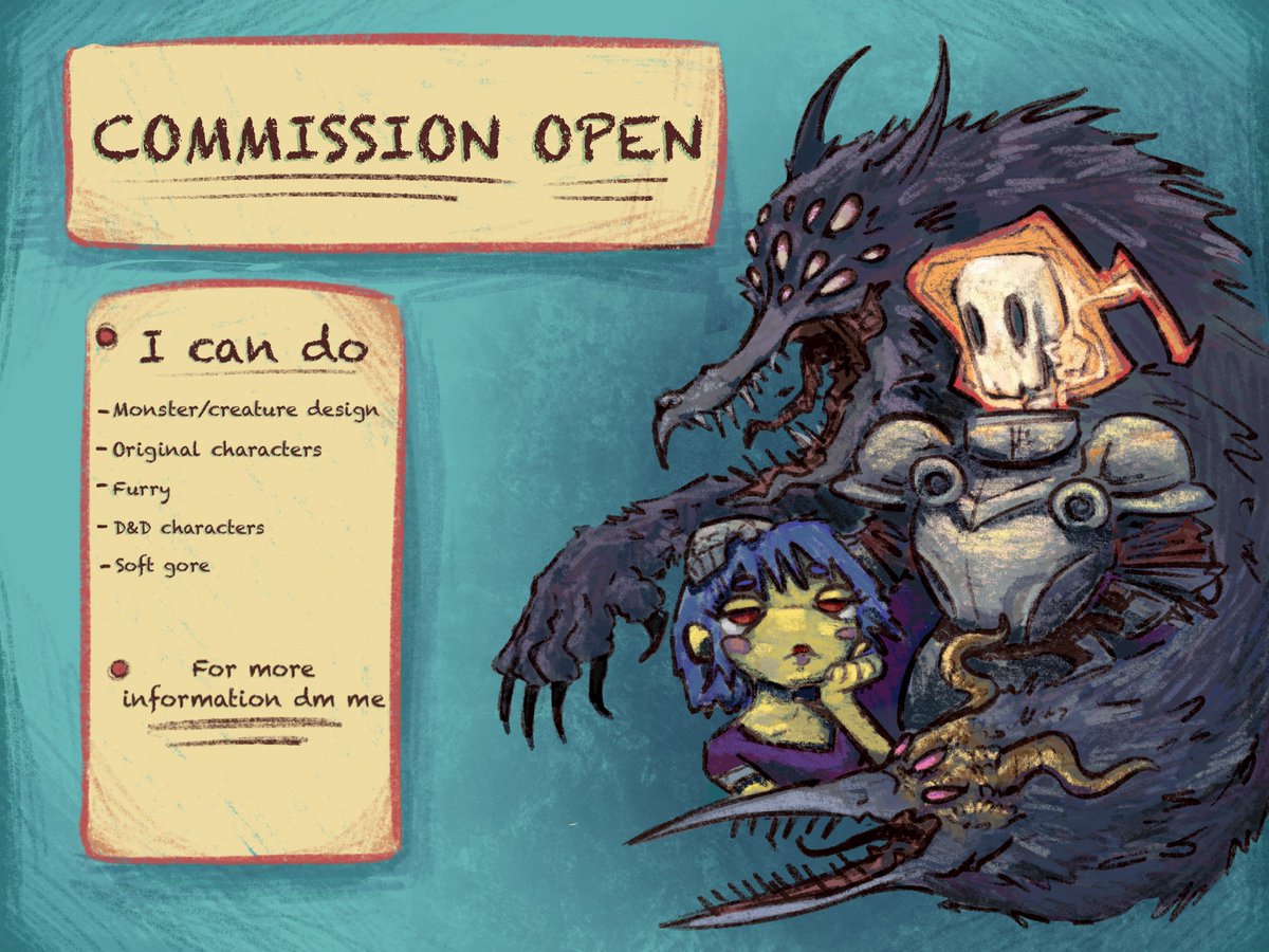 Gulliver_16's tweet photo. COMMISSION OPEN!

for more information DM me.

#artcommission #art #arte #illustrazione #oc
#originalcharacter #ocdrawing #ocdesign #monster
#monsterdesign #monsterdrawing https://t.co/JFk6n1PcdD