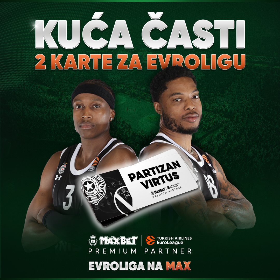 Kuća časti - gledaj KK Partizan protiv Virtusa! 🎁🏀

MaxBet kao premium partner Evrolige te vodi u Beogradsku Arenu da uživo bodriš svoj voljeni klub! 👀

Sve što je potrebno da bi učestvovao u trci za karte jeste da:

• Pratiš <a href="/MaxBetSrbija/">MaxBet 🇷🇸</a>
• Retvituješ objavu

Možeš