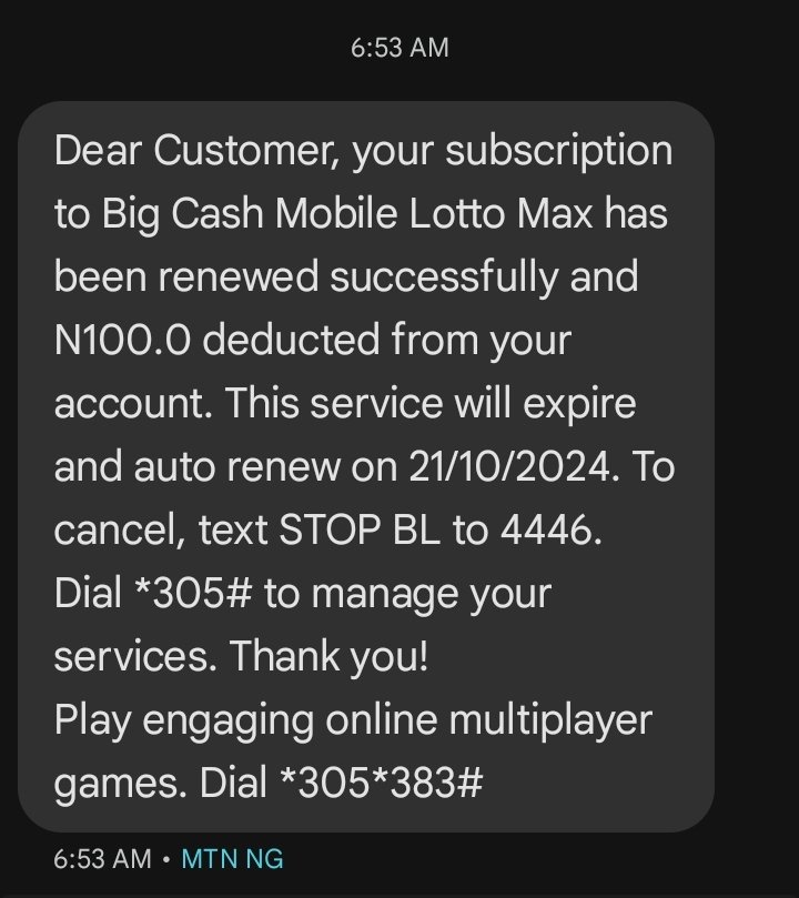 Wizzythestar's tweet photo. @MTNNG How do I unsubscribe or Stop the MTN Big cash mobile lotto max, they usually deduct my money with out my notice 😡 https://t.co/4EmG5tE3Wc