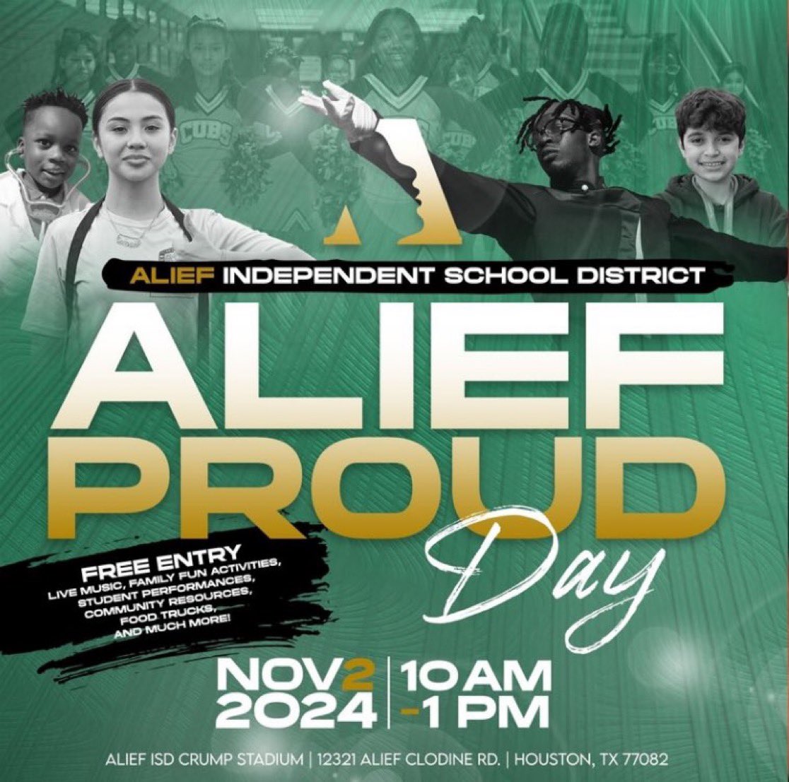 Come out and show your Alief Pride at the Alief Proud Festival on November 2nd from 10 a.m. - 1 p.m. at Alief Crump Stadium! 🎉✨ <a href="/ExplorersCol/">Collins Elementary</a>  #SEALife #AliefProud24 <a href="/AliefISD/">Alief ISD</a>