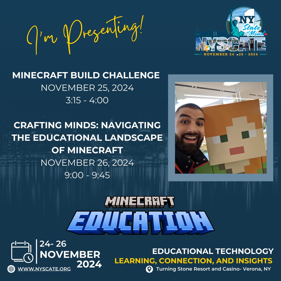Aaron Sweet (@aaronsweetnyr) on Twitter photo See you at <a href="/NYSCATE/">NYSCATE 💡💻</a> Annual Conference in November! I'm presenting 2 #MinecraftEDU sessions with <a href="/Edutechie15/">Jackie Kavanagh 💜</a> and <a href="/William_Bean/">William Bean</a>. Come dig into some <a href="/PlayCraftLearn/">Minecraft Education</a> and have fun with us! #NCSDLearns #MIEExpert <a href="/NewarkCSD/">Newark Central School District</a> See you at <a href="/NYSCATE/">NYSCATE 💡💻</a> Annual Conference in November! I'm presenting 2 #MinecraftEDU sessions with <a href="/Edutechie15/">Jackie Kavanagh 💜</a> and <a href="/William_Bean/">William Bean</a>. Come dig into some <a href="/PlayCraftLearn/">Minecraft Education</a> and have fun with us! #NCSDLearns #MIEExpert <a href="/NewarkCSD/">Newark Central School District</a>